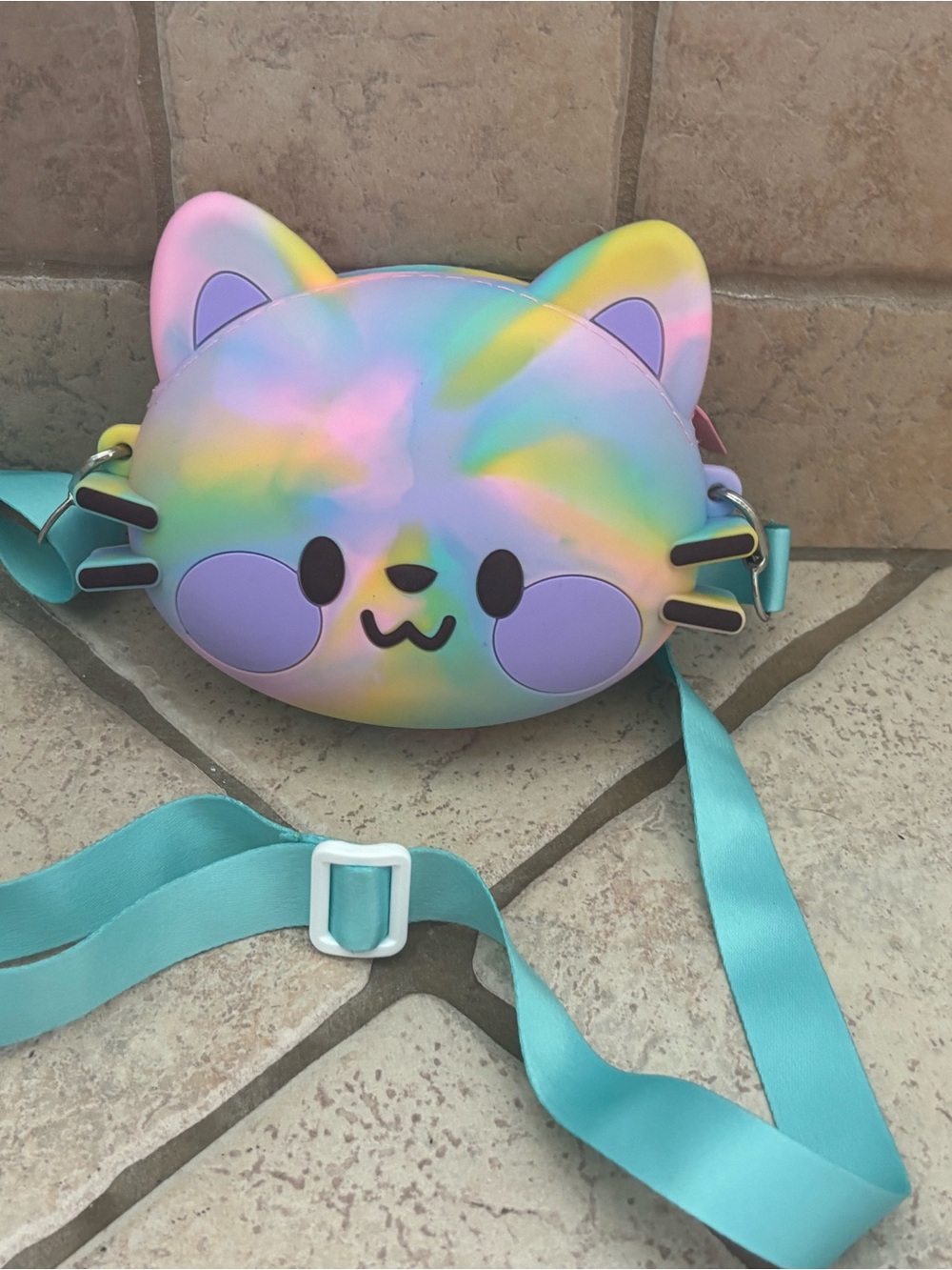 Claire’s Club Tie Dye Cat Crossbody Bag Rubber Purse Pastel Rainbow - Teal Strap